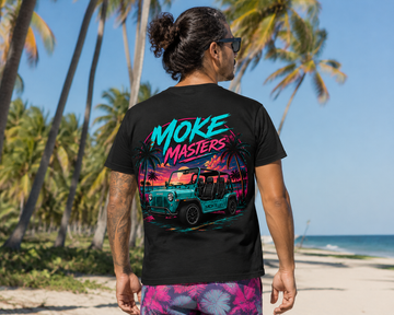 MOKE Masters workshop in Largo, Florida. T-shirts and caps on a workbench with tools.
